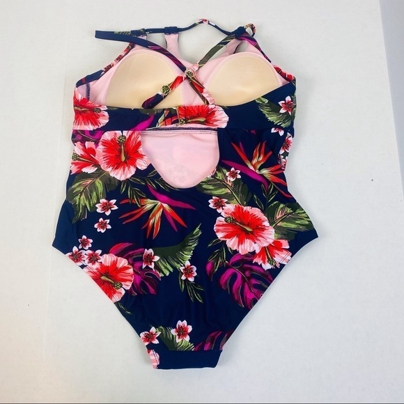 Kona Sol Hawaiian Floral Cut Out Neckline Swim Suit Size 16W - Picture 4 of 8